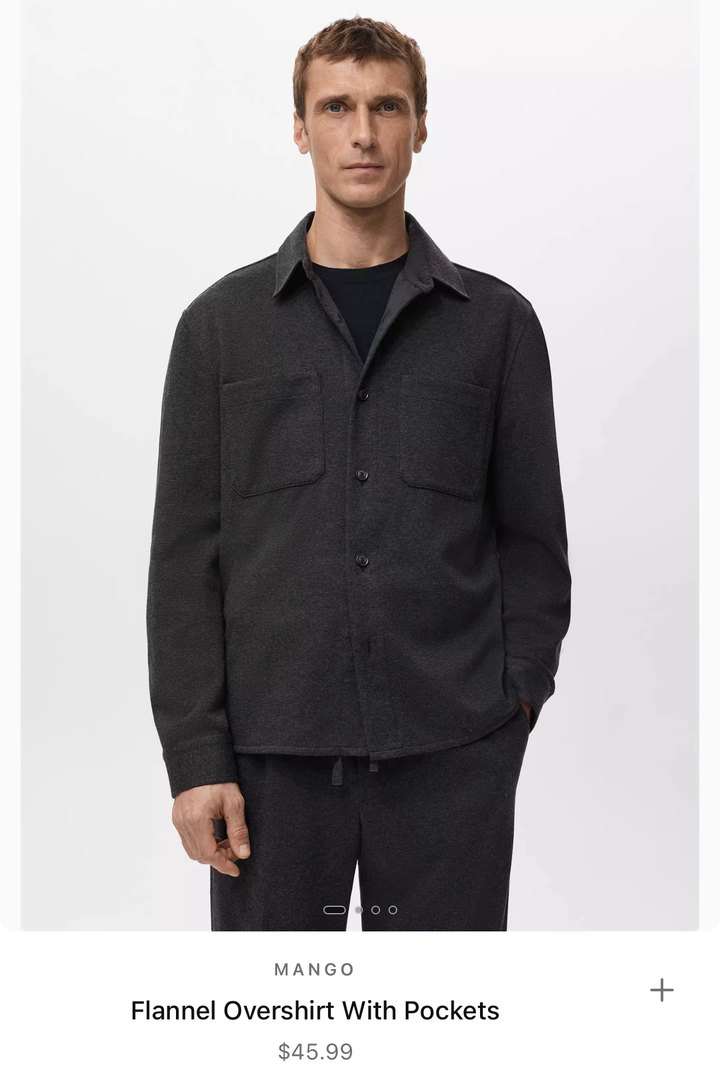 A Mango flannel overshirt in the feed, with its save button